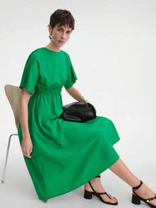Aalyst Midi Dresses For Women Smocking Stitch Round Neck Graduation Green Sundress Festival Outfits For Women Fall . - Black - View 3