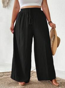 SHEIN CURVE+ Outfits casuales de playa de verano para mujer de talla grande, pantalones anchos elegantes de negocios y viajes con bolsillos, color rosa loto, pantalones de verano para vacaciones de playa, campo o país