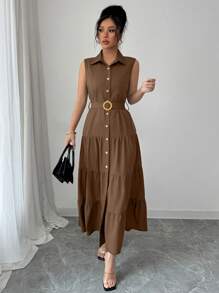 Elenzga 1 chiếc váy maxi đơn sắc không tay viền bèo nhún cho nữ - màu nâu - Xem 4