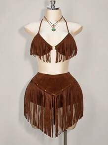 SHEIN ICON Váy mini tua rua đinh tán tua rua cạp trễ dành cho quý cô cỡ lớn "Western Music Festival Chamois" - màu nâu - Xem 6