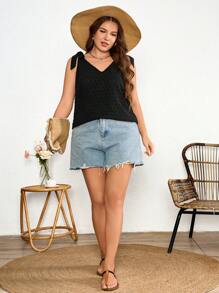 SHEIN Holidaya Plus Size Women's Jacquard Splice White Floral Lace Regular Spring/Summer Vacation Off-Shoulder Tie Bow Black Blouse