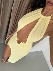Glamine Women's Sexy Hollow Snake Decor Bodycon Mini Dress, Stretchy Ribbed Knit, Party/Vacation/Beach, Summer, Yellow - Yellow - View 4