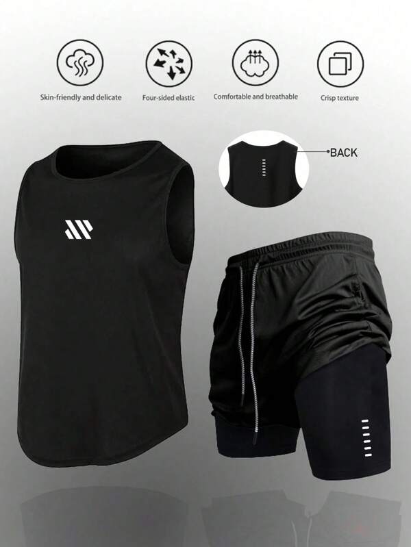 Manfinity Sport Polished Men's Fashion Sports Vest & Shorts Set, Suitable For Summer Workout Clothes Running Sets
