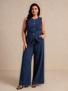 Elaquor Conjunto de 2 piezas de talla grande de denim: chaleco sin mangas y pantalones