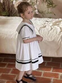 DAZY Girls Navy Style Loose Short Sleeve Dress, Fashionable School Summer - White - View 8