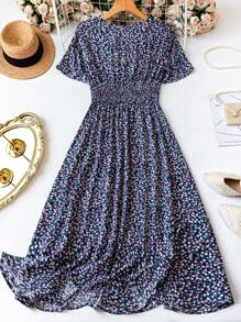 EMERY ROSE Women's Casual Short Sleeve Printed Dress, Random Design Maxi Women Outfit - Navy Blue - View 2