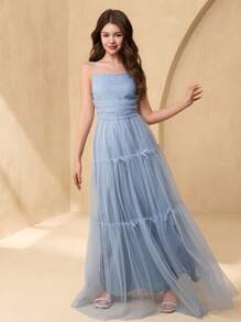 SHEIN Elegant Teen Girl Floral Tulle Spaghetti Strap A-Line Bow Decor Long Evening Dress For Wedding, Prom, Birthday Party