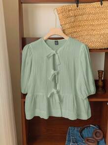 Comfortcana 亚麻雪纺圆领泡泡袖系带女式衬衫