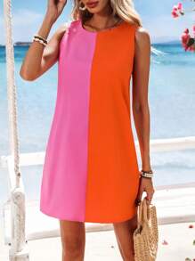 Vivid Eden Woven Color Block Round Neck Sleeveless Fitted Mini Dress For Women Spring And Summer Outfits,Summer Clothes,Valentine's Day,Vacation Outfits Woman,Beach Outfits For Woman, Festival,Romantic And Elegant Clothing,Bohemian,BOHO, Sweet, ,Rave Outfits Festival,Tropical Vacation Woman Clothes,Carnaval