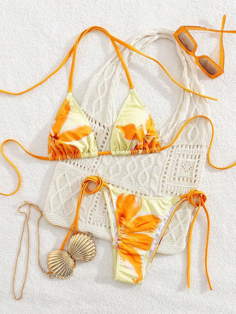 Swim Mod 2Pcs Summer Vacation Sexy Floral Print Halter Triangle Cup Side Tie Bikini Set - Multicolor - View 1