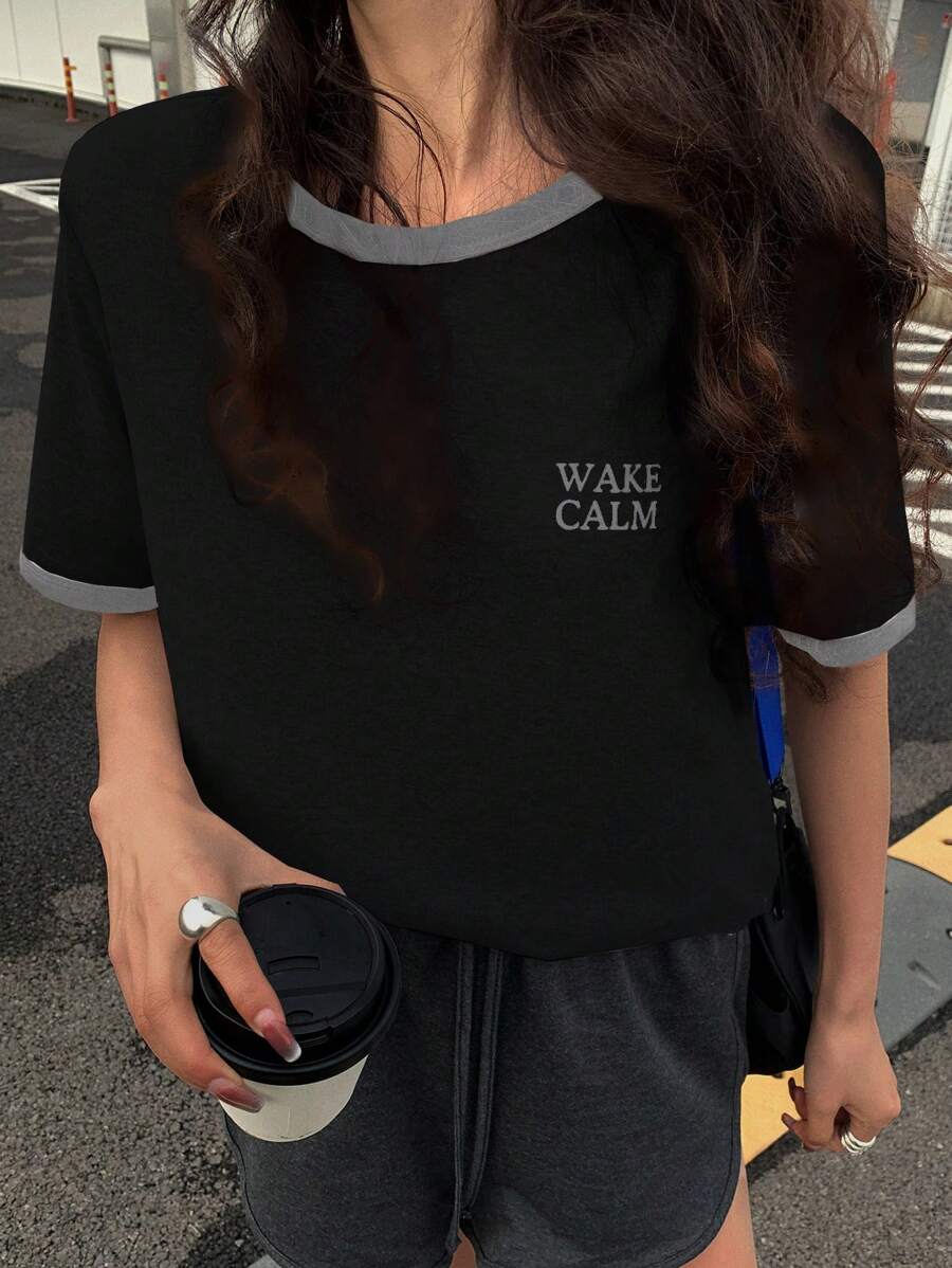DAZY 女款拼色二合一字母印花圆领简约短袖T恤学院风上衣 - 黑色 - 查看 1