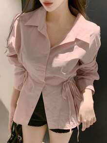 DAZY Blusa de manga larga con cintura ceñida y lazo lateral para mujer - Rosa - Ver 9