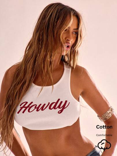 MUSERA Racer Style Western Howdy Text Graphic Crop Tank Top Boho Club Sexy Hoedown Graphic Top Festival Ibiza Going Out Tops Club  Party