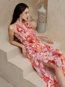 Chiquease 休闲假日海滩优雅雪纺荷叶边系带连衣裙