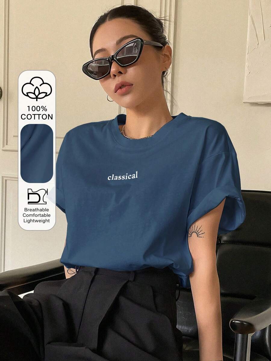 DAZY Letter Graphic Crew Neck Tee Summer - Blue - View 1