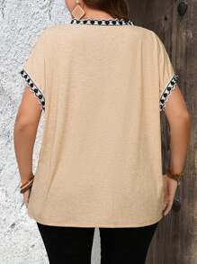 EMERY ROSE Plus Size Casual Vacation Contrast Color Lace Trim Tunic Top Summer For Women, Vacation Woman Boho Women's - Apricot - View 2