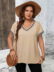 EMERY ROSE Plus Size Casual Vacation Contrast Color Lace Trim Tunic Top Summer For Women, Vacation Woman Boho Women's - Apricot - View 3
