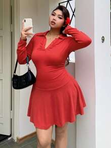 Dazy Plus Robe moulante courte rouge à manches longues et épaules dénudées de style minimaliste grande taille, robe d'automne - Rouge - Voir 5