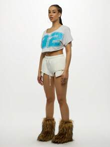 SUMWON WOMEN 超大号短款运动T恤 92号印花运动街头风格运动休闲夏季都市宽松短款上衣节日运动休闲棒球时尚 - 淺灰色 - 查看 4