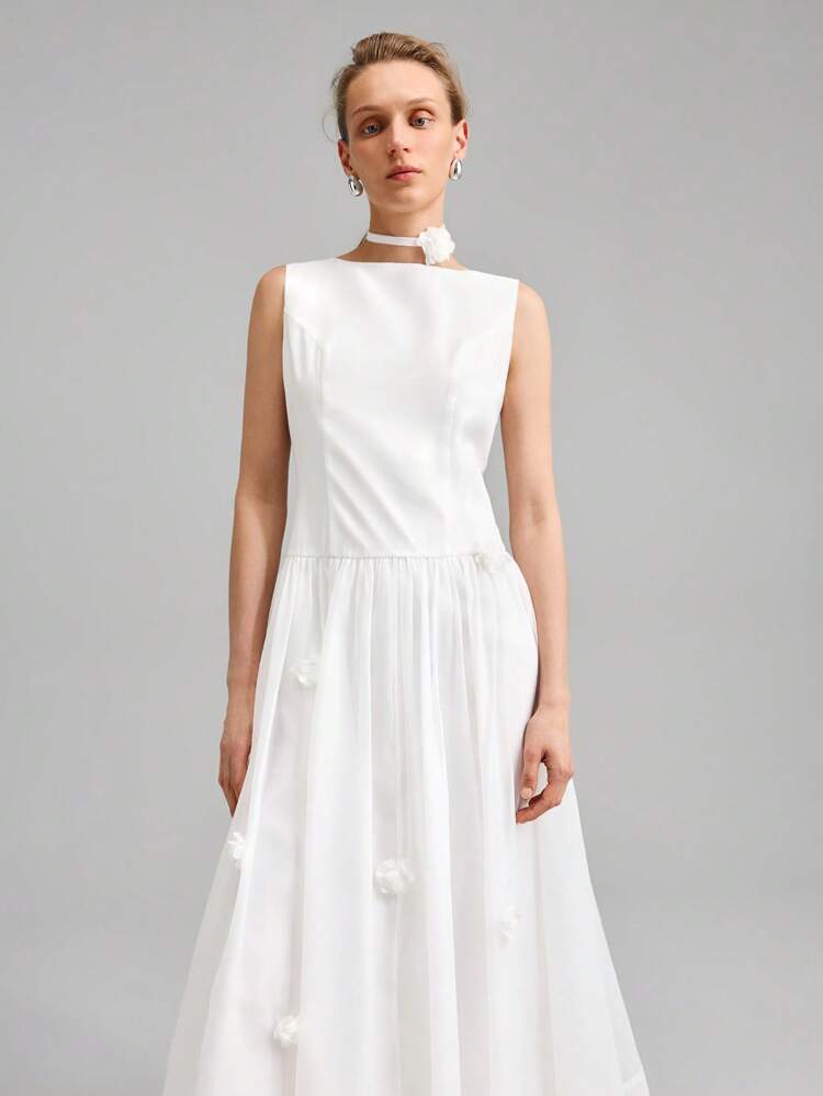 Women's Summer Sleeveless White Mid-Length Dress, Flower Decoration Dress, Fashionable And Suitable For Office Elegant Teacher Commuting Wear