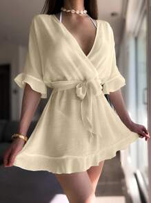 Swim Chiccia Summer Vacation Solid Color Wrap Ruffle Trim Beach Cover Up Dress