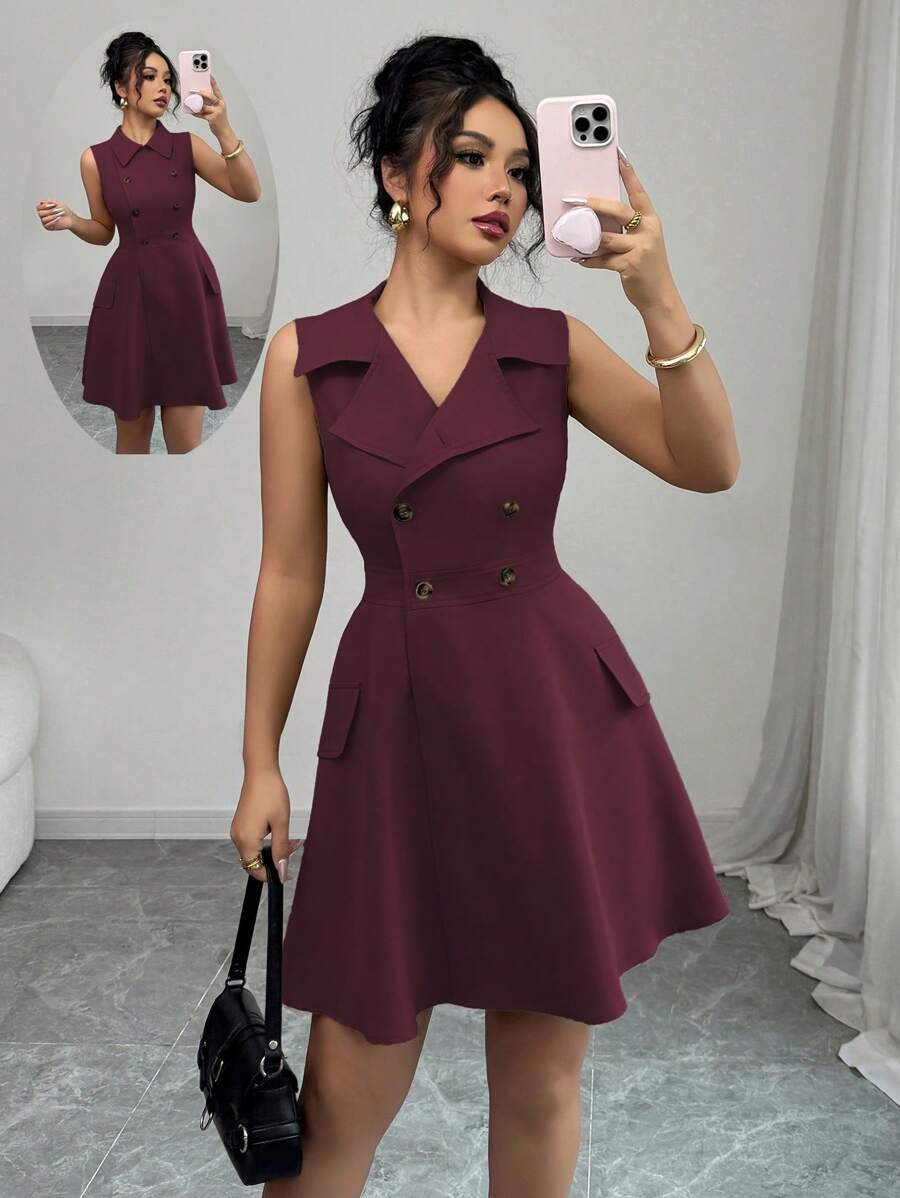 Elenzga 女士优雅法式无袖衬衫领连衣裙，双排扣，腰部收紧 A 字形，假口袋，适合通勤、休闲、度假、纯色、春夏季 - 紫紅色 - 查看 1