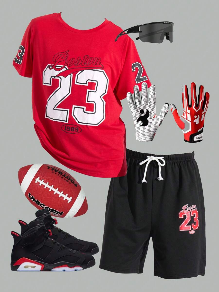SHEIN Leap Crew 2 Packs Teen Boys' Casual Sports College Red Round Neck T-Shirt And Black Shorts Set With Letters And Numbers Combined Pattern Suitable For Teen Boy Outfits Toddler Boy Clothes Back To School Boys Set Suitable For Birthday Parties, Evening Parties, Performances, Weddings, Baptisms, Opening Ceremonies Daily Suitable For Daily Use Suitable For School Suitable For Travel Suitable For Sports Suitable For Spring And Summer Seasons