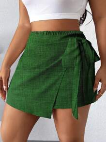 Breezaya Plus Size Women Side Knotted Asymmetrical Hem Casual Skort Faux Denim