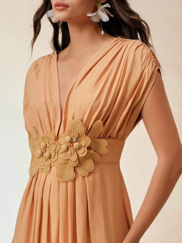 Elegant Waist Floral Decor Fit-And-Flare Ruched Vacation Beach Dress, Festival Boho Going Out Vacation Outfits For Women, Spring/Summer