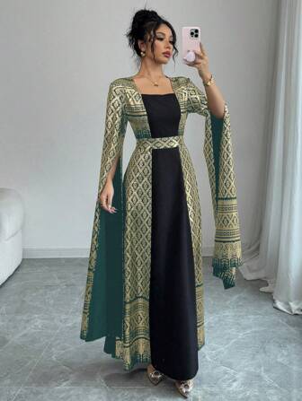 Rafferiza Fashionabla eleganta fyrkantiga krage puffärm folietryck vår/sommar lång klänning