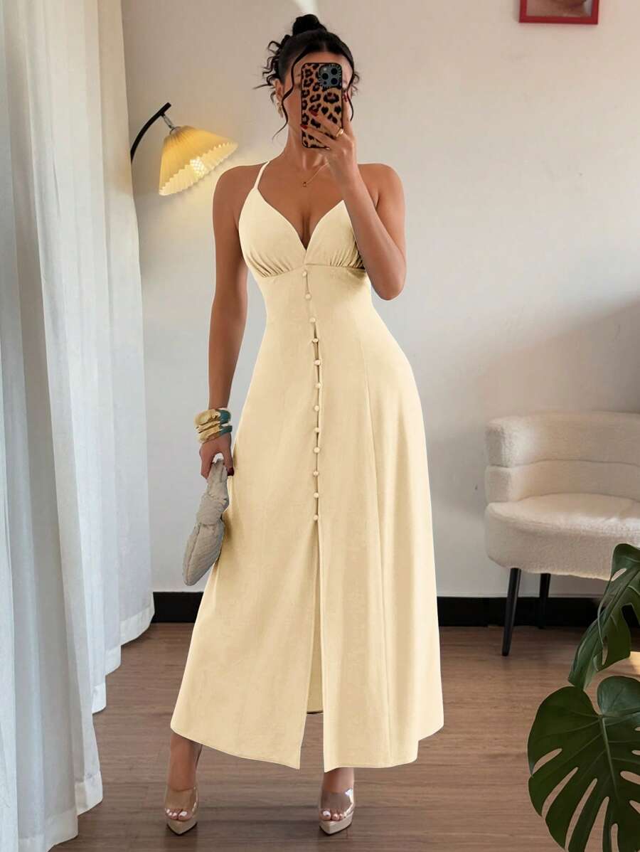 Islaluna Sexy Open Back Sleeveless Long Dress, Summer - Apricot - View 1