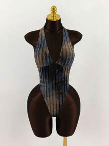 Amplova 深 V 领挂脖式纹理扎染紧身衣 - 卡其色 - 查看 5