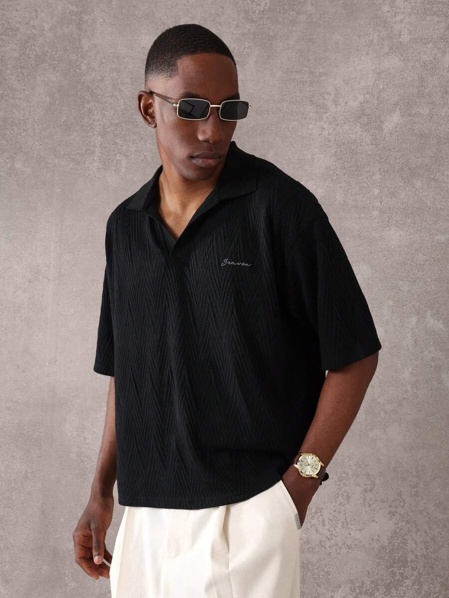 SUMWON Luxury Textured Short Sleeve Polo Designer Casual Summer Golf Tennis Shirt Premium Collared Athletic Performance Comfort Regular Fit Monochrome - Black - View 1