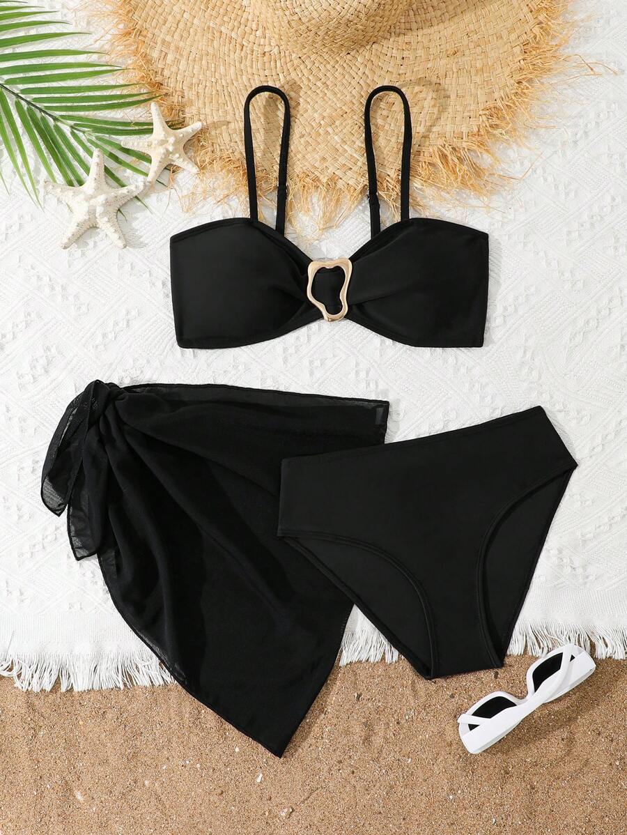 SHEIN 3pcs/Set Tween Girl Black Simple Metal Buckle Decor Bikini Swimsuit Set With Beach Skirt, Bathing Suits For Teens Sets Summer Holiday - Multicolor - View 1