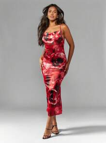MISSGUIDED Printed Satin Cowl Drape Midi Dress Cute Sundress - Multicolor - View 1