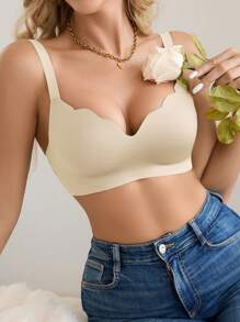 1 pièce Soutien-gorge pour femmes sans armature à couverture complète, de couleur unie, à bords ondulés minimalistes et sans couture - Nude - Voir 7