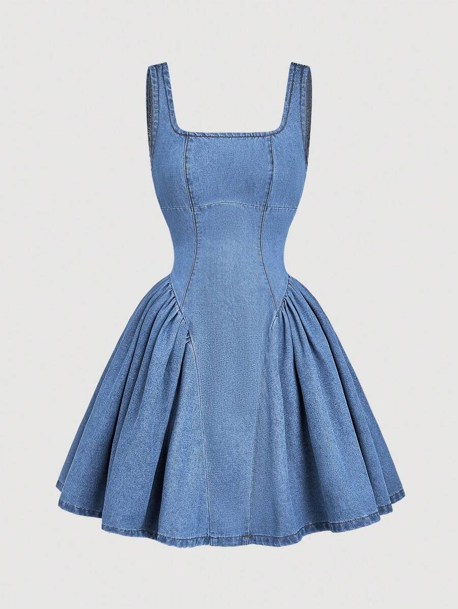SHEIN MOD Women's Square Neck Sleeveless Pleated Casual Denim Shift Dress