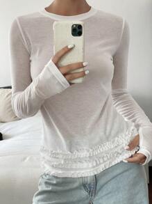 DAZY 1 件女式褶皱荷叶边修身长袖休闲夏季上衣 T 恤 - 白色 - 查看 6