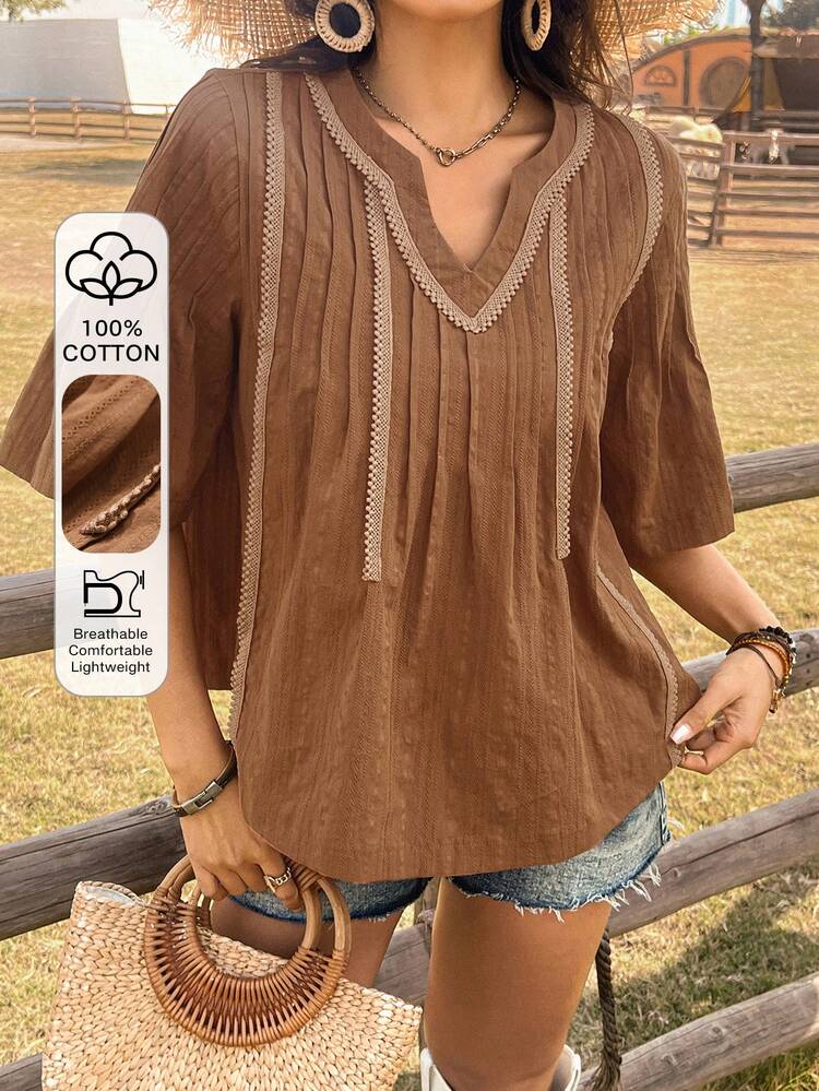 Beach Vacation Boho Style V-Neck Lace Trim & Strap Splice Short Sleeve Women Shirt