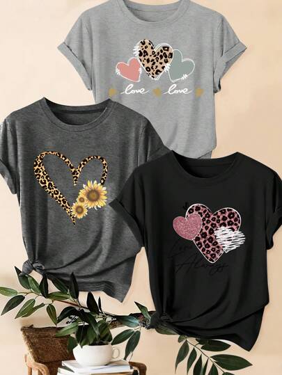 SHEIN LUNE Set de 3 camisetas casuales de talla grande con estampados de leopardo, corazón y eslogan, ideales para el verano