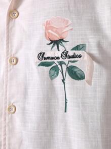 SUMWON Designer Embroidered Rose Short Sleeve Button Up Shirt Linen Feel Feel Look Resort Beach Vacation Wedding Guest Summer Spring Casual Evening Wear - Beige - View 4