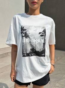 DAZY 熱帶印花和字母圖案落肩T恤 - 白色 - 查看 8