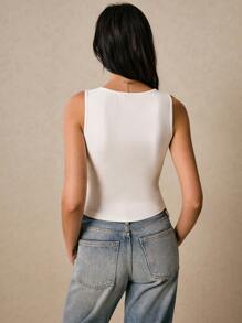 Poéselle 女士纯色圆领单排扣不对称下摆时尚背心，优雅高贵衬衫，夏季上衣，度假女装，外出上衣，复古风格女装，夏季女装 - 白色 - 查看 7