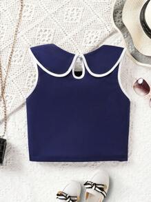 1件少女休闲正式简约撞色条纹收腰翻领上衣，春夏款 - 藏蓝色 - 查看 2