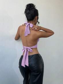 Aloruh 性感女士露背吊带背心金属扣装饰吊带背心 - 紫色 - 查看 2