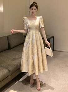 DAZY Floral Print Square Neck Puff Sleeve Midi Dress For Women Prom Dress Elegant Women Dresses - Apricot - View 5