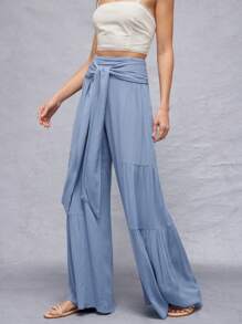 WESTFADE Spring High Rise Belted Cute Tie Waist Smocked Side Flowy Tiered Wide Leg Pants Western Country Music Concert - Blue - View 3