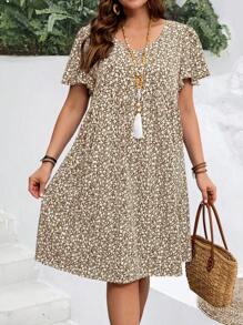 EMERY ROSE Plus Size Women's Summer Ditsy Floral Ruffle Sleeve Holiday Dress,Sun Dresses For Women - Brown - View 1