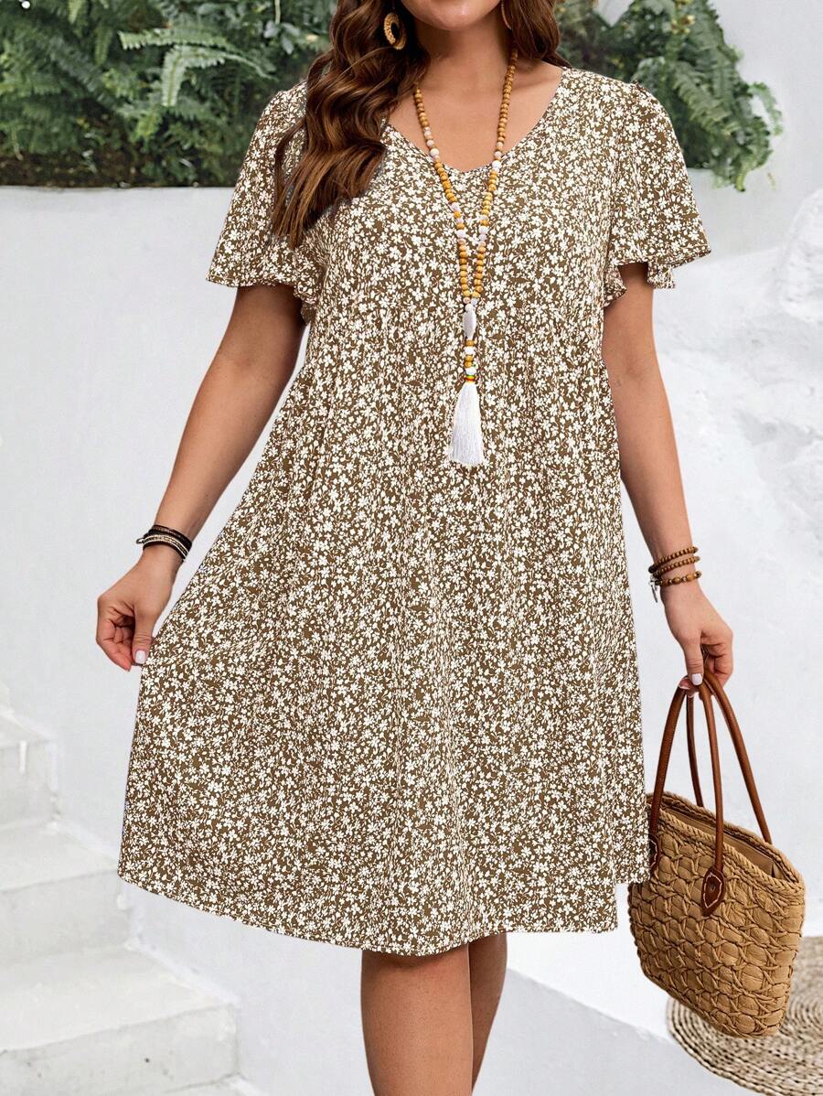 EMERY ROSE Plus Size Women's Summer Ditsy Floral Ruffle Sleeve Holiday Dress,Sun Dresses For Women - Brown - View 1