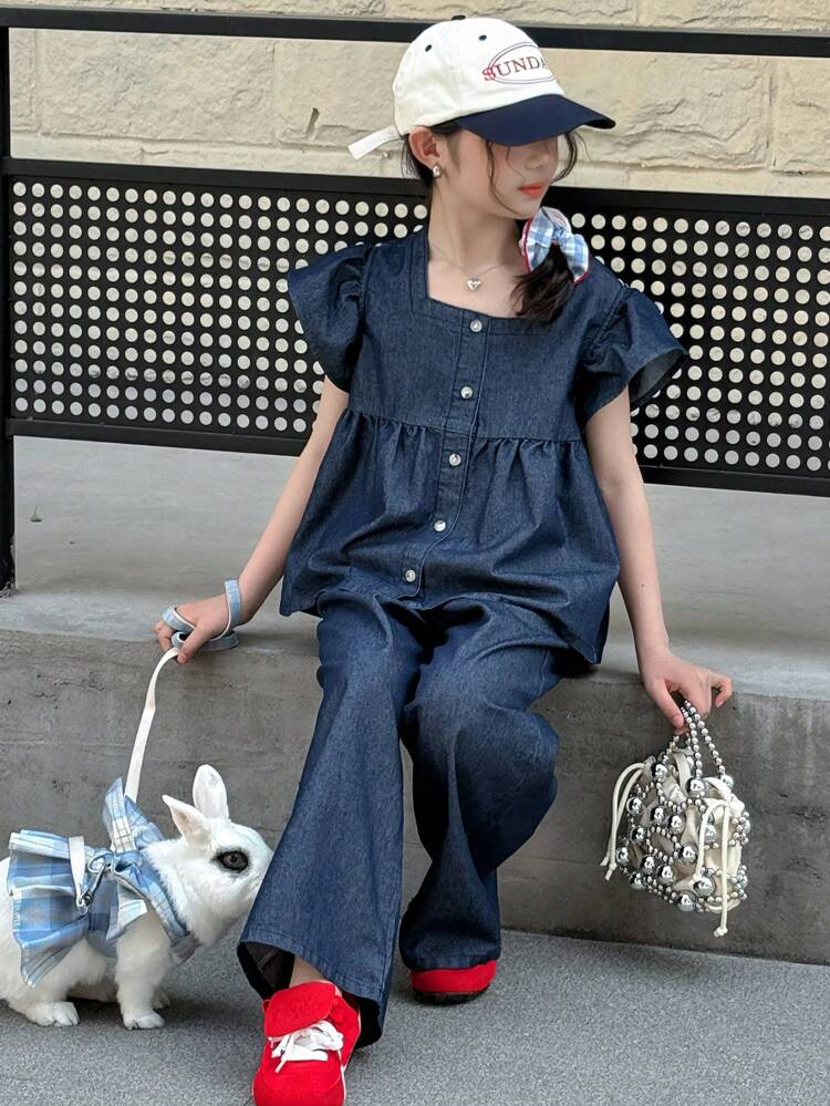 2pcs Tween Girl Girls' Fall/Spring Outfit - Square Collar Denim Shirt + Denim Pants Set, Plus Size